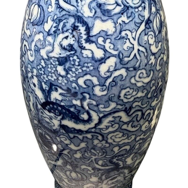 Antique BISTO England Blue White Dragon Chinoiserie Vase 10.75" Bishop Stonier - Thumbnail 3