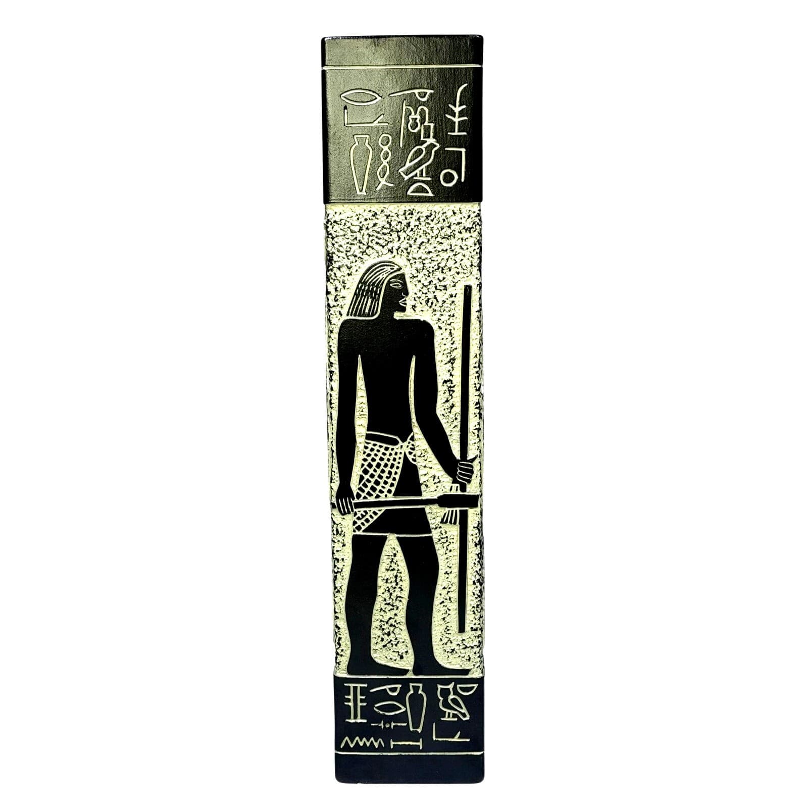 Vintage 1977 Egyptian Revival Vase Black Silver Hieroglyphic Pharaoh Decor 14.5”