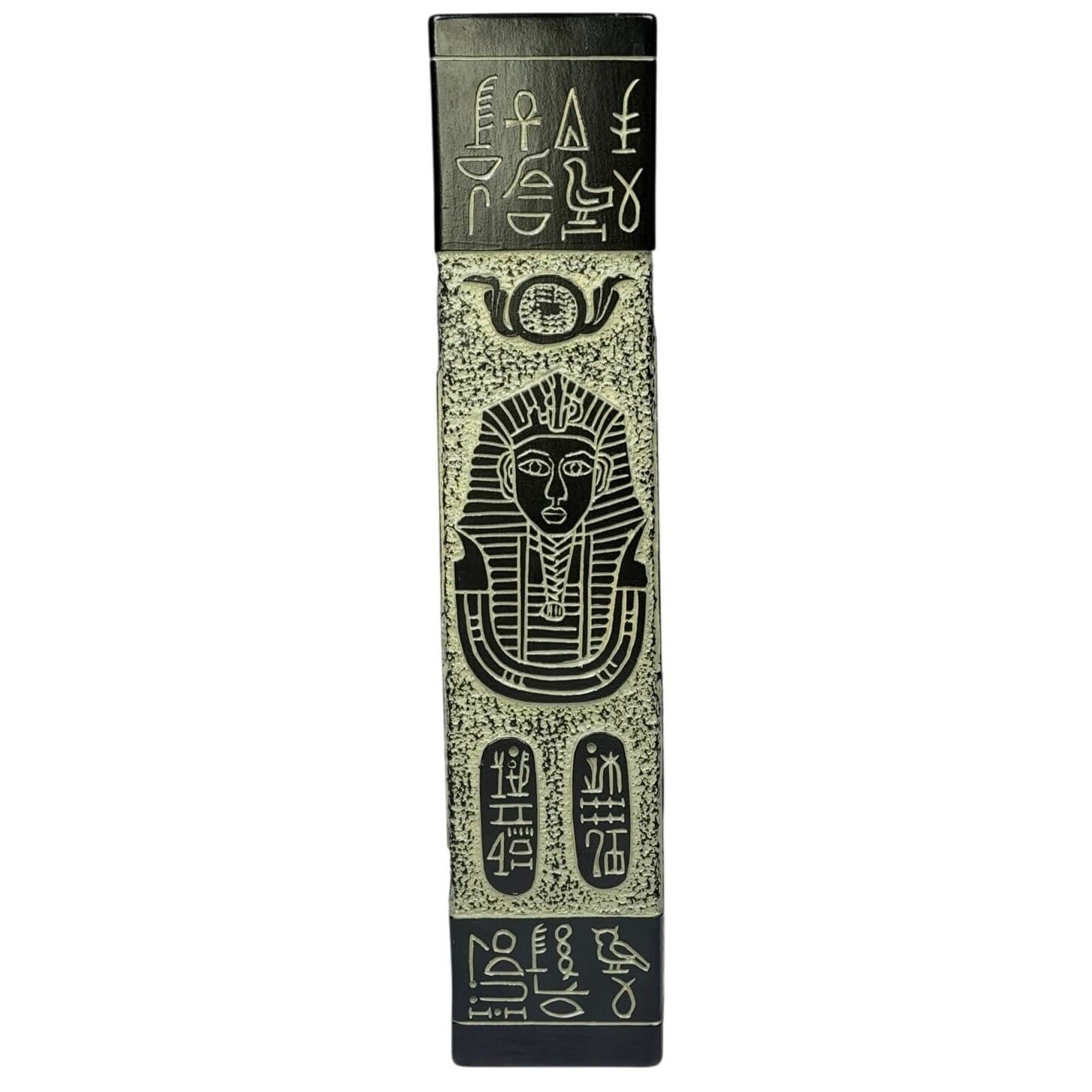 Vintage 1977 Egyptian Revival Vase Black Silver Hieroglyphic Pharaoh Decor 14.5” - Thumbnail 4