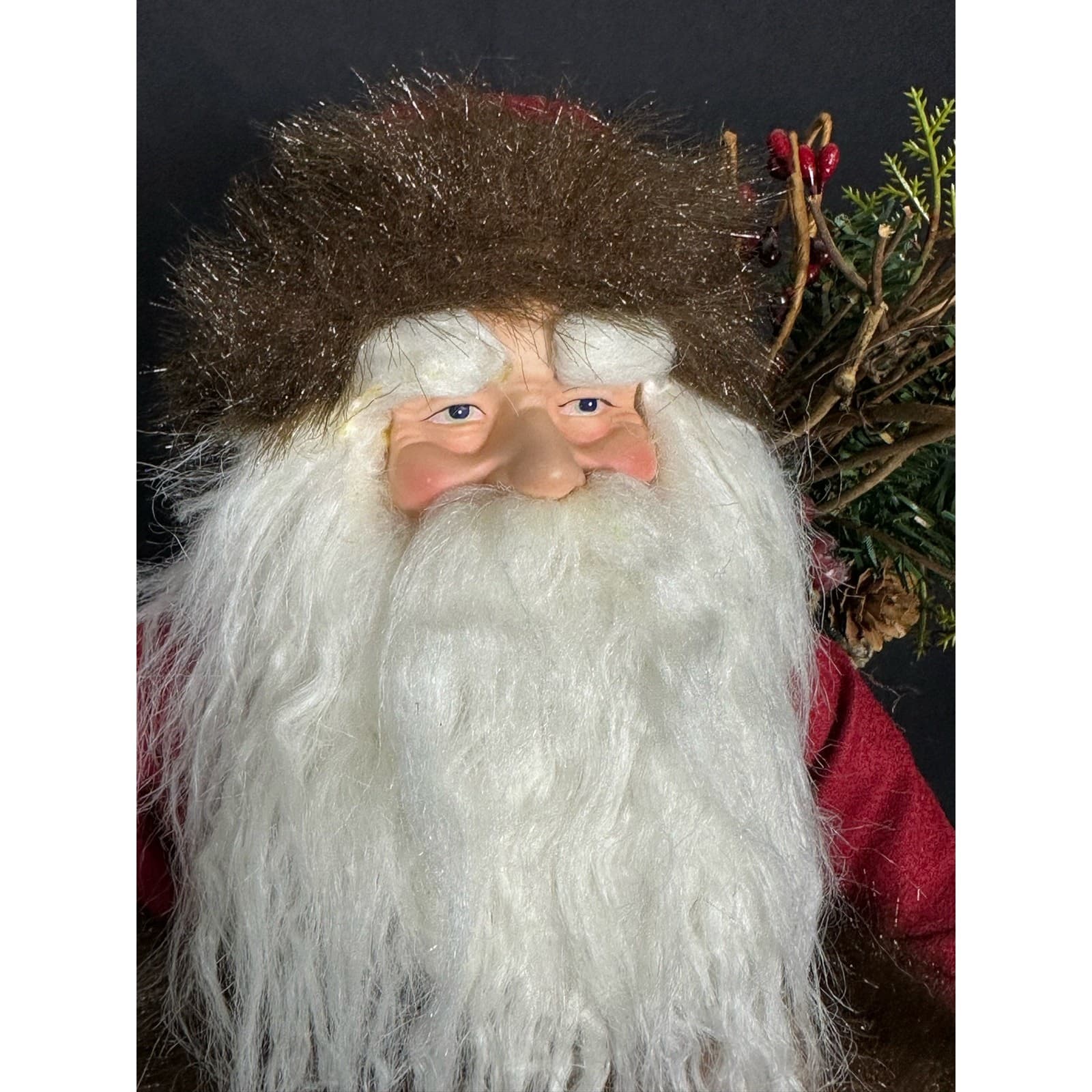 Santa Figure with Faux Fur Trimmed Coat & Sack Evergreen Pinecones 18" - Thumbnail 8