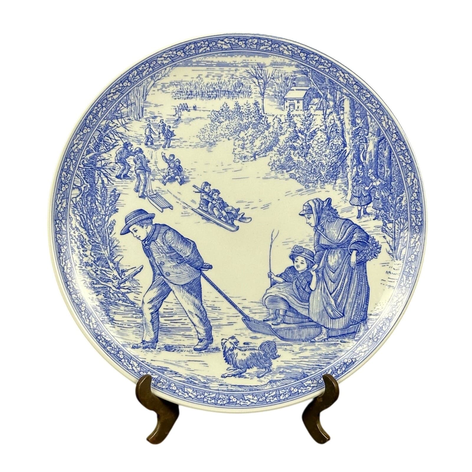 Spode Blue & White 8-3/8" Plate Winter Sled Scene