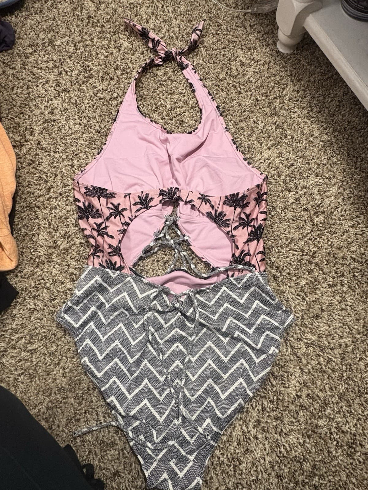Women’s Monokini One-Piece Halter Swimsuit M B Cup Pink Gray Palm Chevron - Thumbnail 2