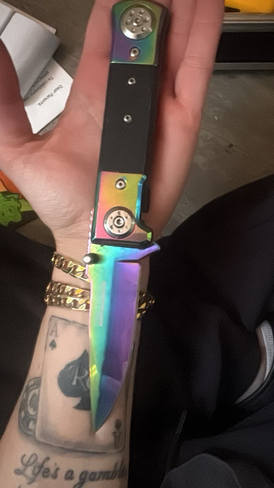 Rainbow Titanium-Coated Folding Pocketknife Plain Edge, Black Aluminum Handle - Thumbnail 2