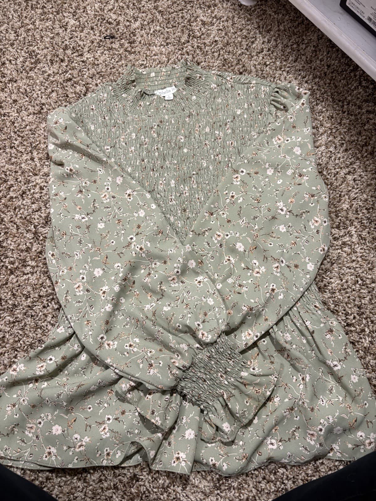 Ophelia Roe Women's Green Floral Smocked Ruffle Long Sleeve Size L - Thumbnail 2