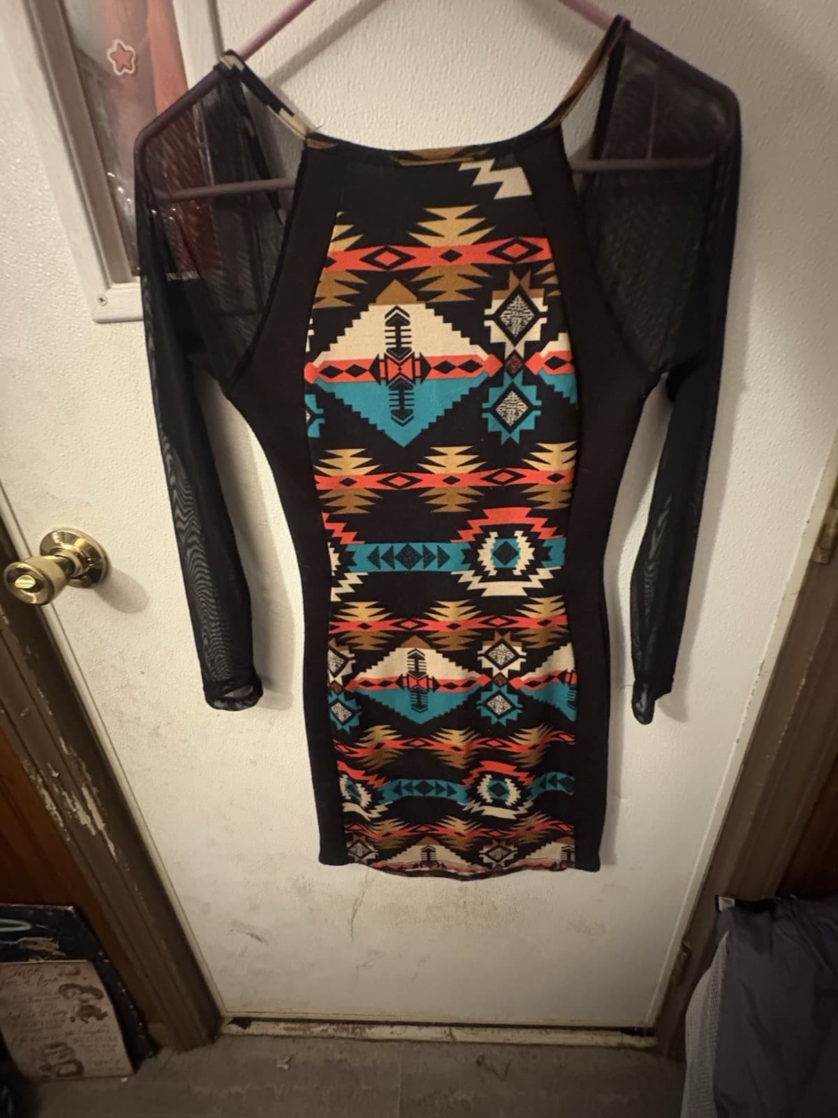 Annabelle Aztec Print Mesh Long Sleeve Short Bodycon Dress Regular Size S - Thumbnail 2
