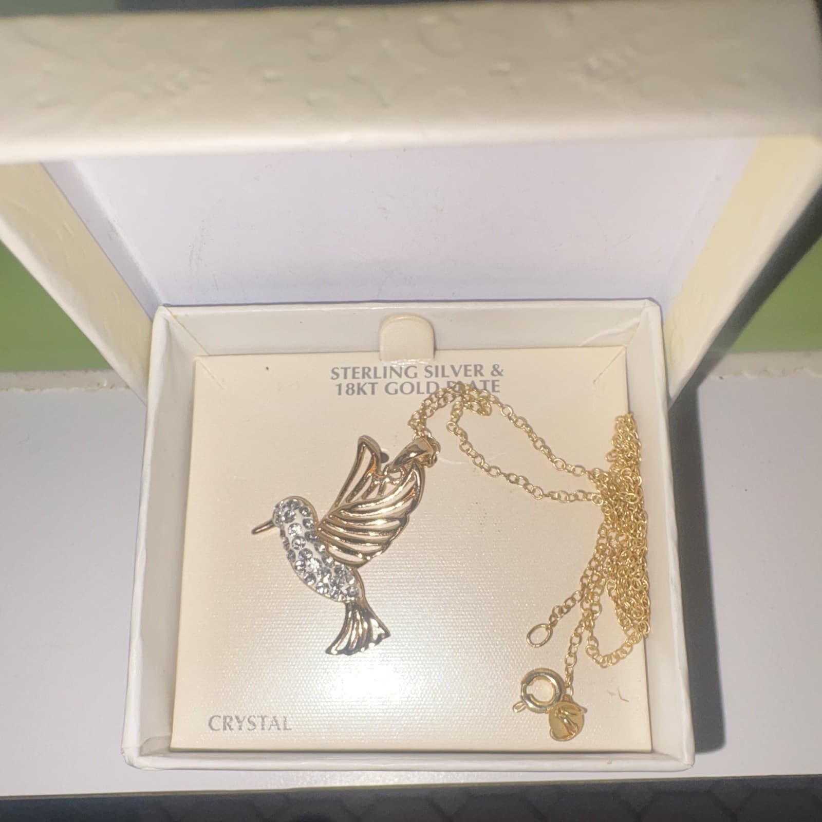 925 Sterling Silver 18K Gold Plated Crystal Hummingbird Charm Pendant Necklace - Thumbnail 2