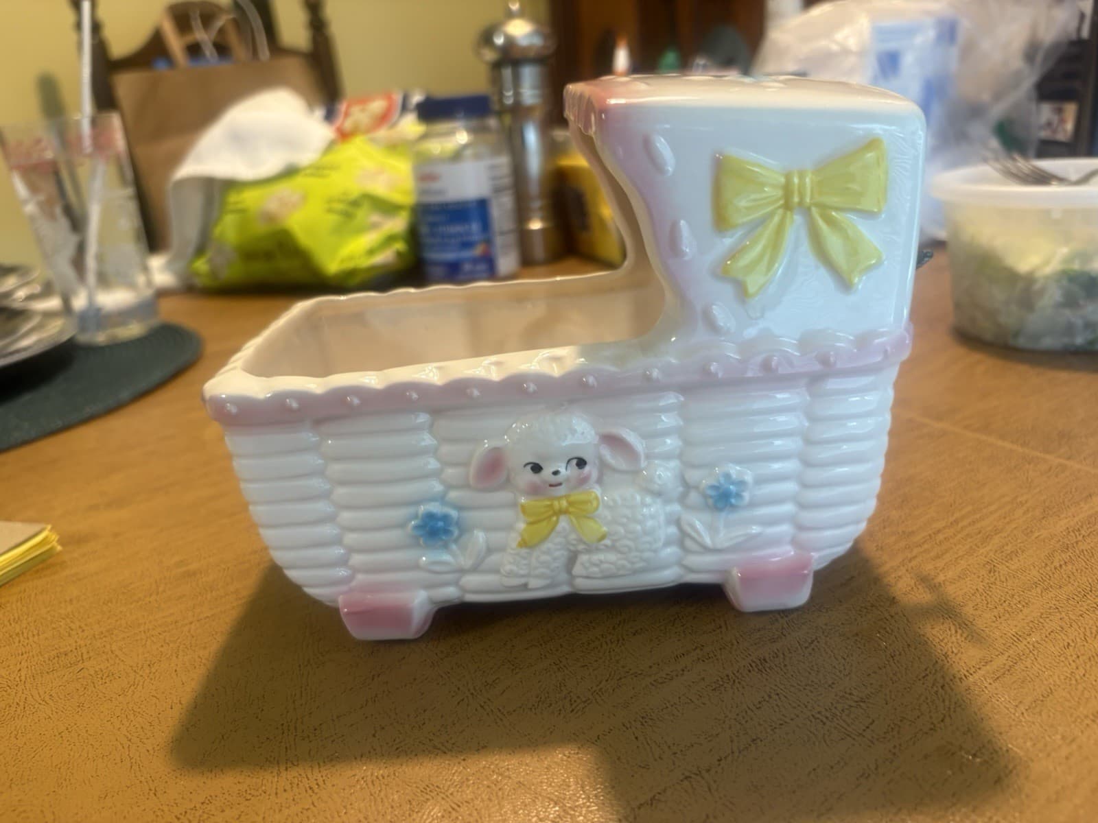 Vintage 1950s Rubens Originals Musical Baby Bassinet Cradle Planter Japan Lamb - Thumbnail 3