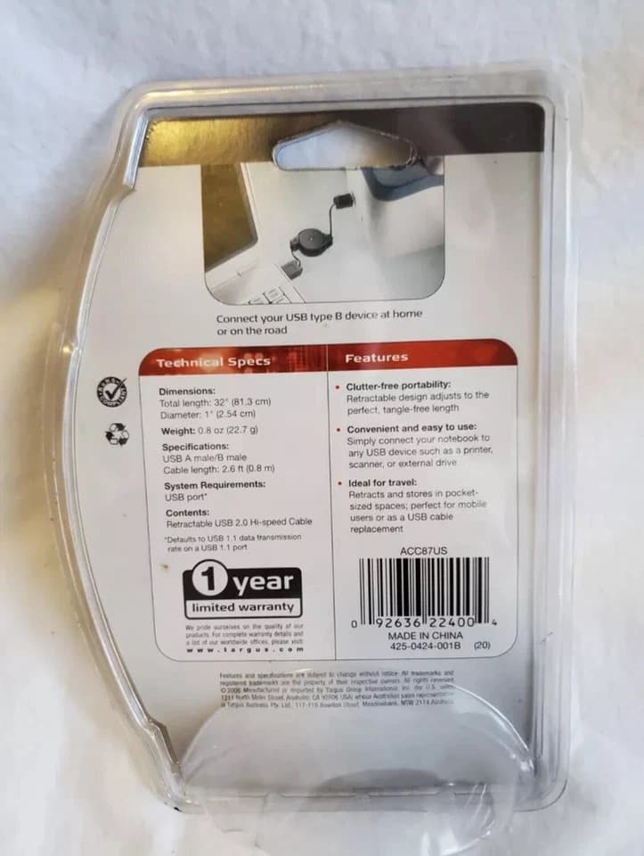 X 2 Targus USB 2.0 Retractable Hi-Speed Cable - ACC87US - Thumbnail 2