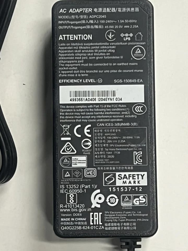 Genuine ADPC2045 20V 2.25A AC Adapter Charger Safety Mark 151537-12 Cat#JK - Thumbnail 2