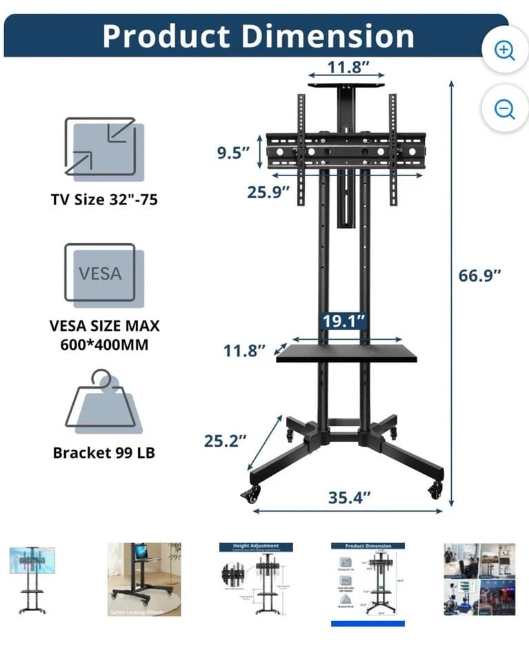 SYLVOX Rolling TV Stand Mobile TV Cart for 32-75 inch - Thumbnail 6