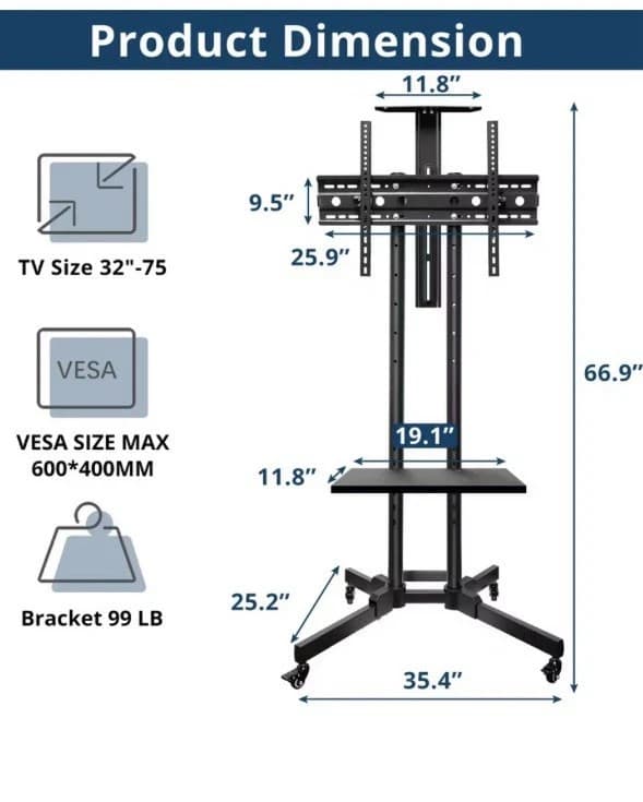 SYLVOX Rolling TV Stand Mobile TV Cart for 32-75 inch - Thumbnail 2