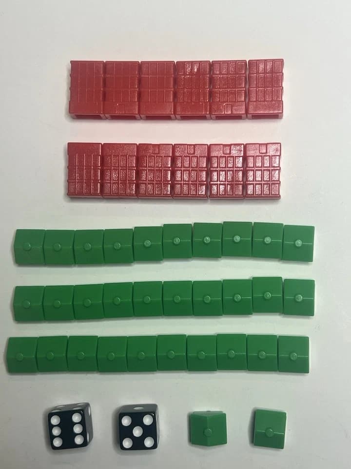 MONOPOLY Replacement Pieces 8 Tokens 32 HOUSES 12 HOTELS 2 DICE Hotels Red Green - Thumbnail 2