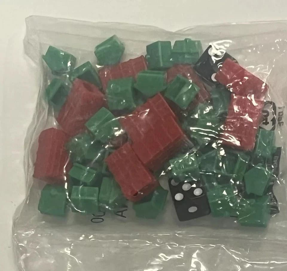 MONOPOLY Replacement ,32 HOUSES, 12 HOTELS ,2 DICE Hotels, Red Green