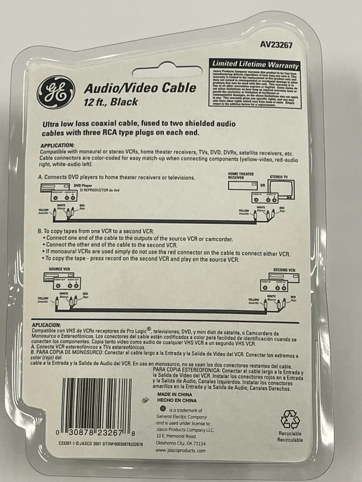 GE- Audio/Video Cable -12ft AV23267 Composite Black Cable Red White Yellow NEW - Thumbnail 3