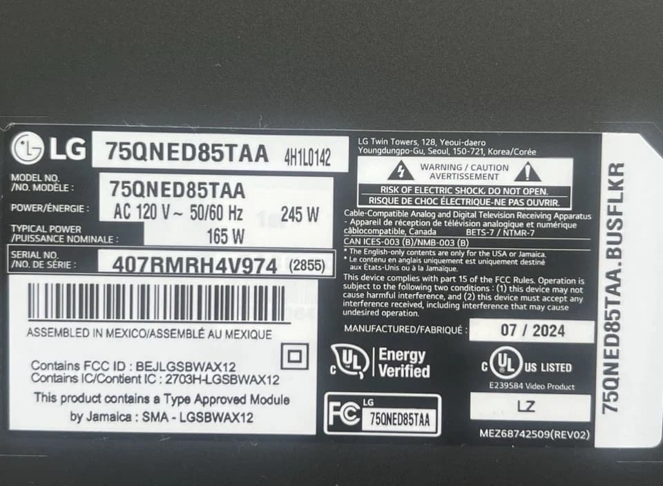 LG 75QNED85TAA WiFi Sensor Board LGSBWAX12