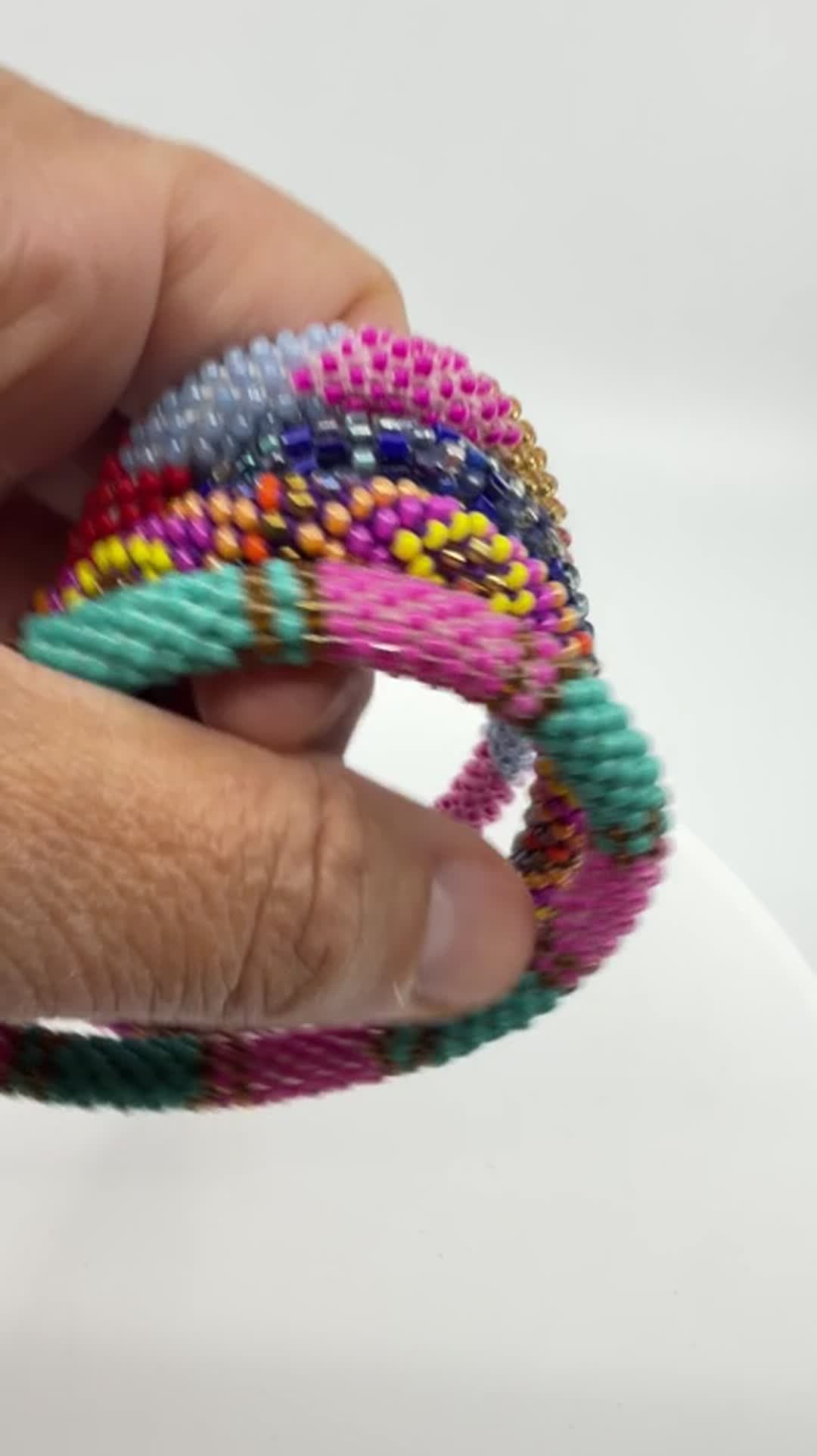 Boho Beaded Roll On Bracelet Stack Set Colorful Glass Seed Bead Chunky Gift - Video 10