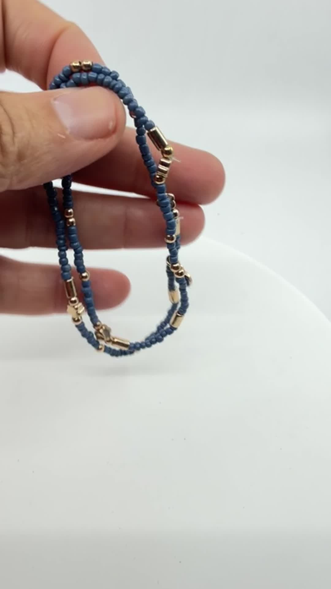 Boho Slate Blue Seed Bead Anklet Gold Tone Star Charm Minimalist Layering Gift - Video 11