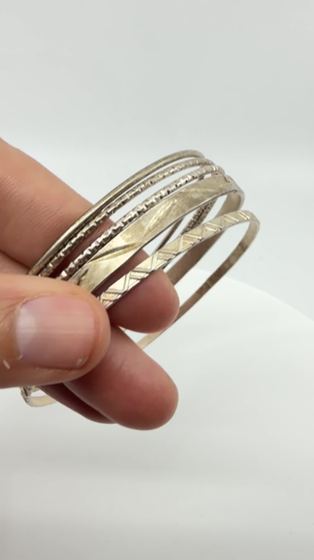 Stacked Silver Tone Bangle Bracelet Set Textured Boho Statement Stack Classic - Video 11