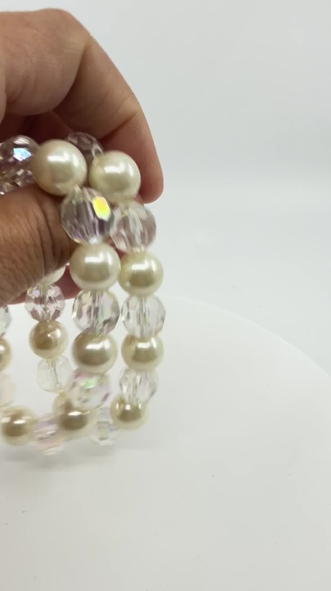 Chunky Coquette Faux Pearl Layering Cuff Bracelet Clear AB Crystal Boho Gift - Video 9