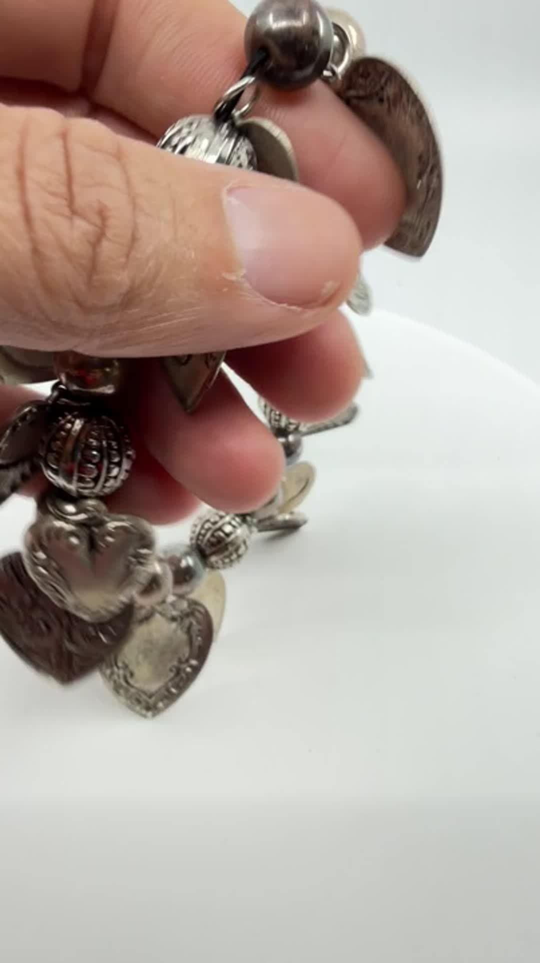 Ornate Heart Charm Bracelet Silver Tone Chunky Boho Romantic Festival Layering - Video 11