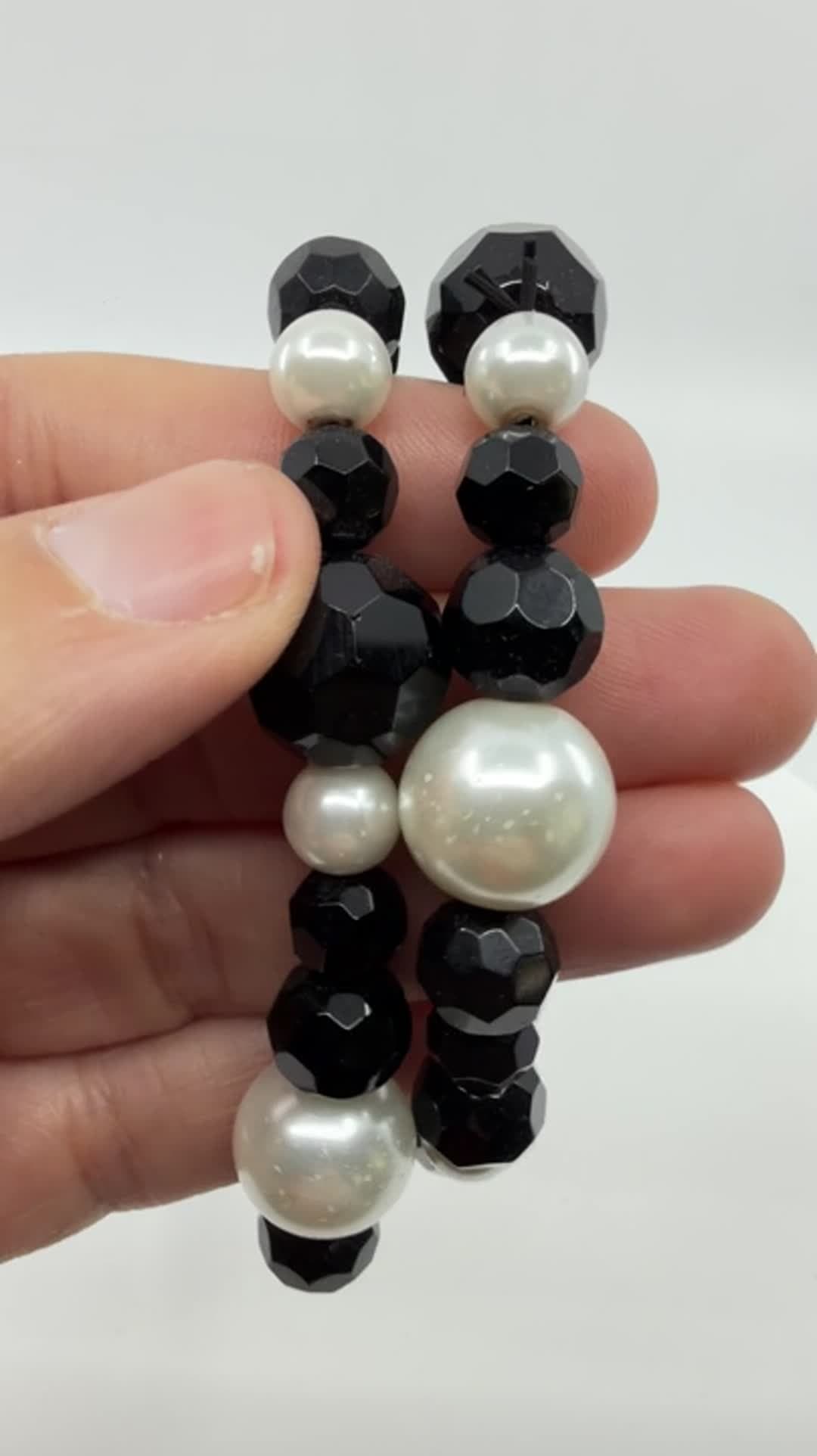 Gothic Black Chunky Faux Pearl Stretch Bracelet Layering Goth Statement Gift - Video 11
