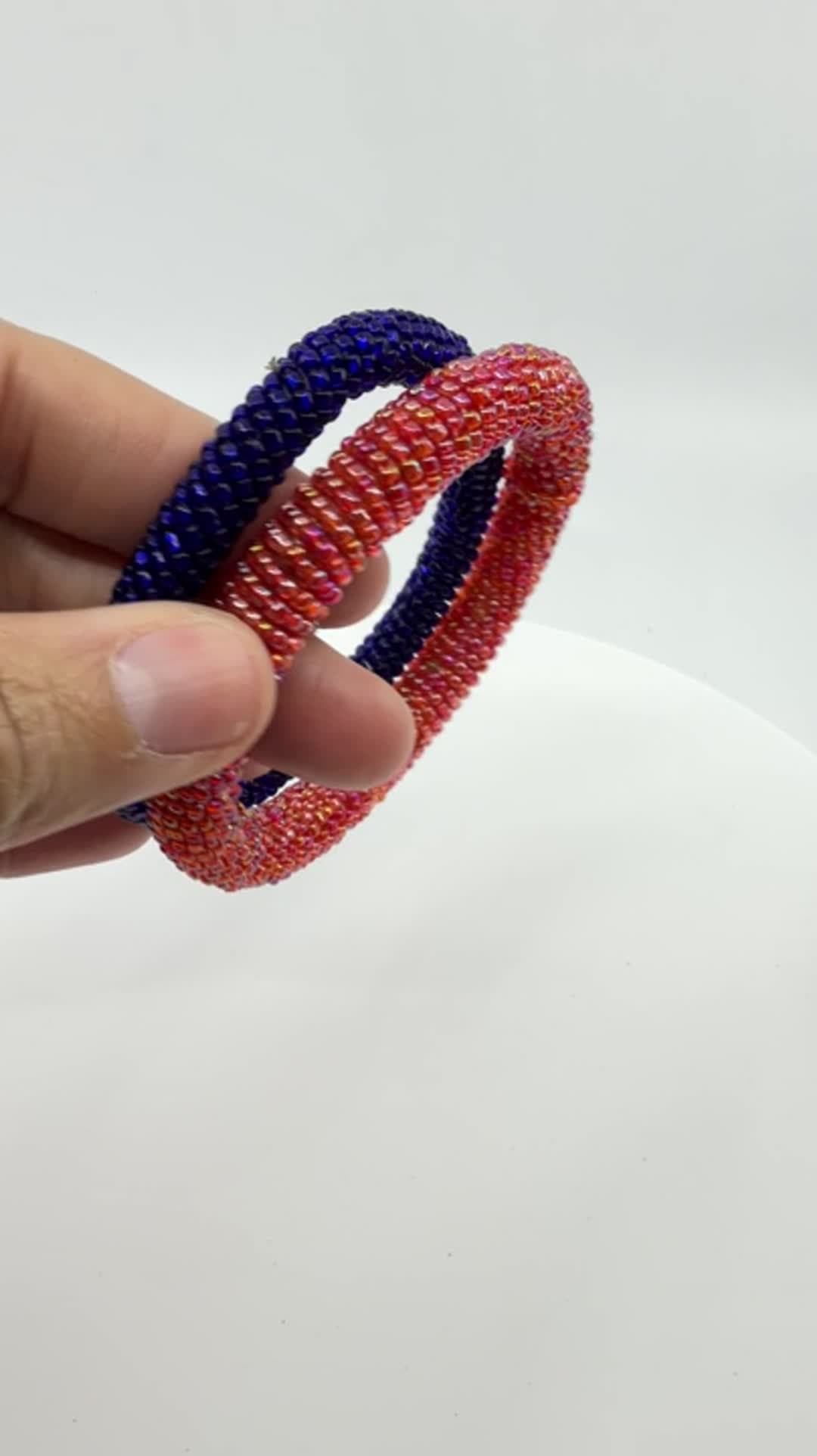 Boho Glass Seed Bead Roll On Bangle Bracelet Set Chunky Blue Pink Statement - Video 11