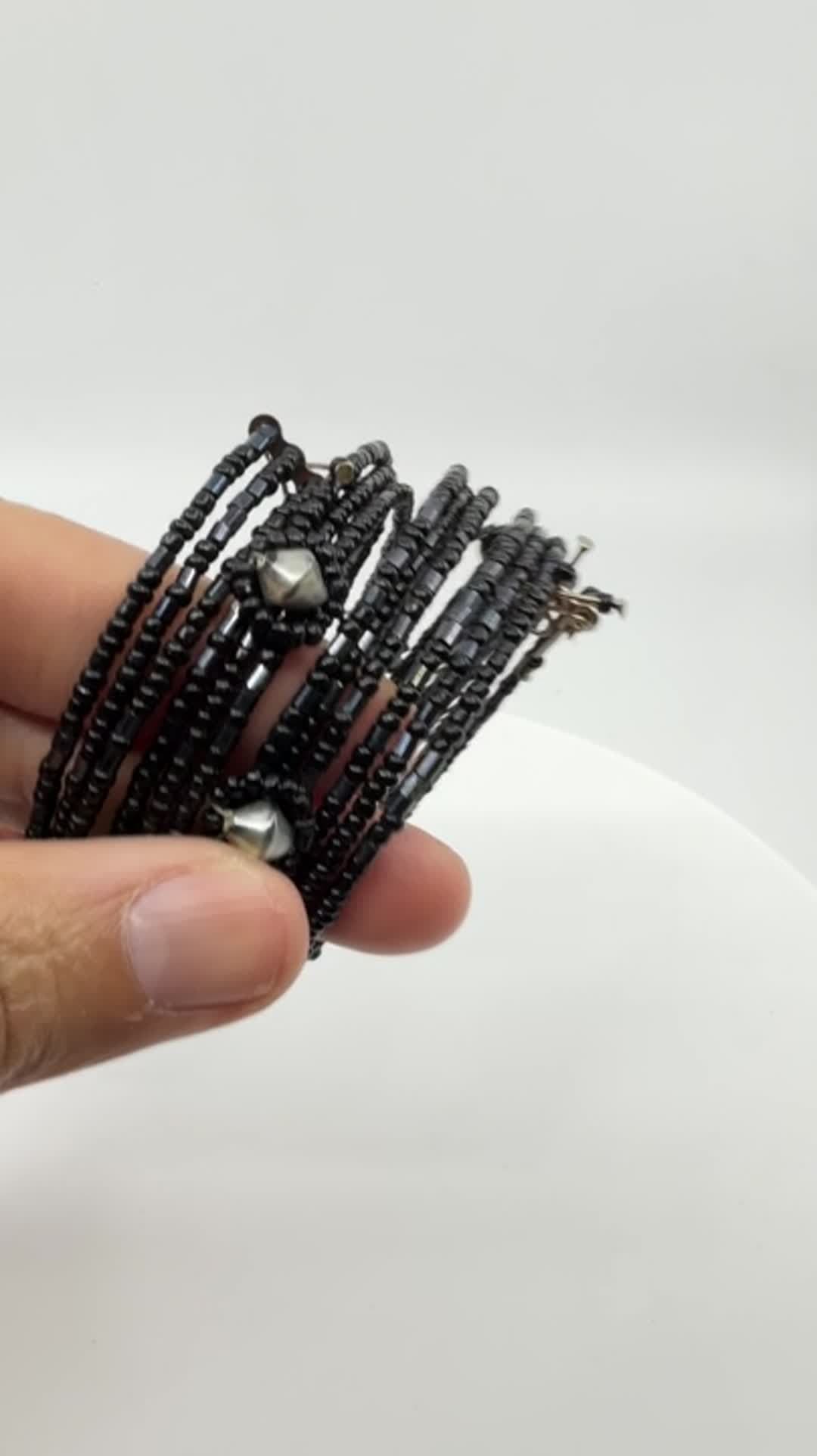 Gothic Black Seed Bead Multi Layer Memory Wire Wrap Cuff Bracelet Festival Gift - Video 10