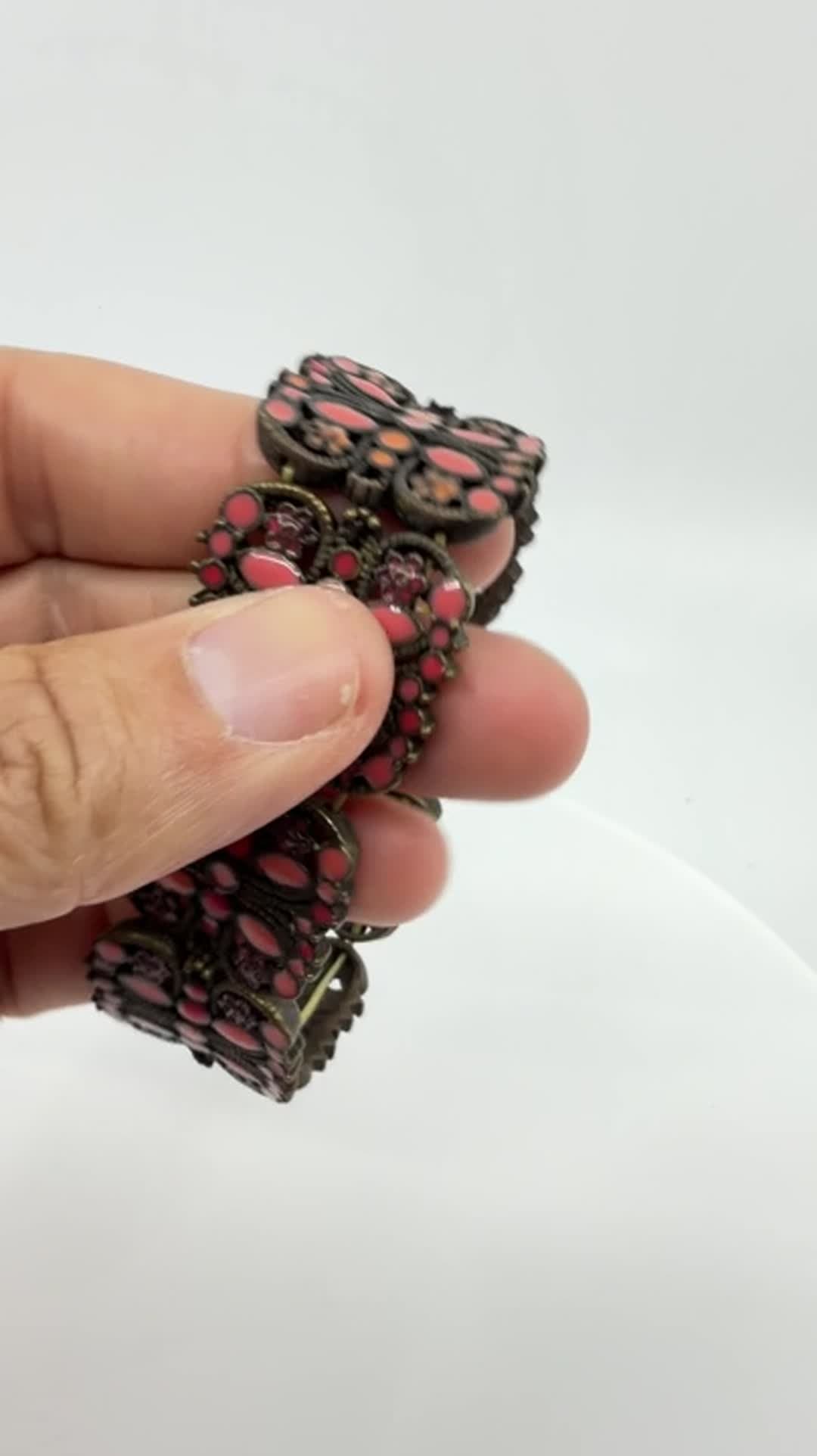 Gothic Bronze Tone Butterfly Stretch Panel Bracelet Chunky Coral Pink Statement - Video 11