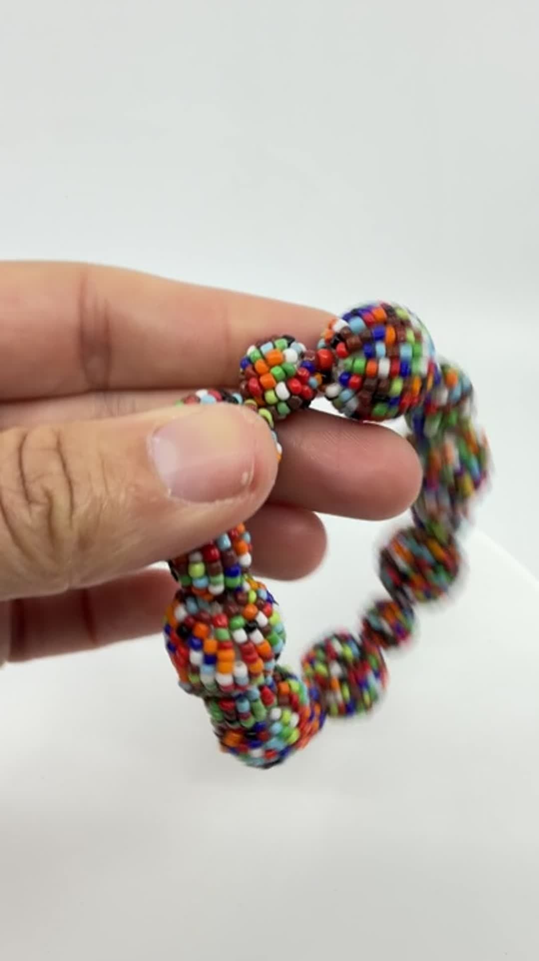Boho Multi Color Seed Bead Ball Stretch Bracelet Statement Festival Gift Y2K - Video 10