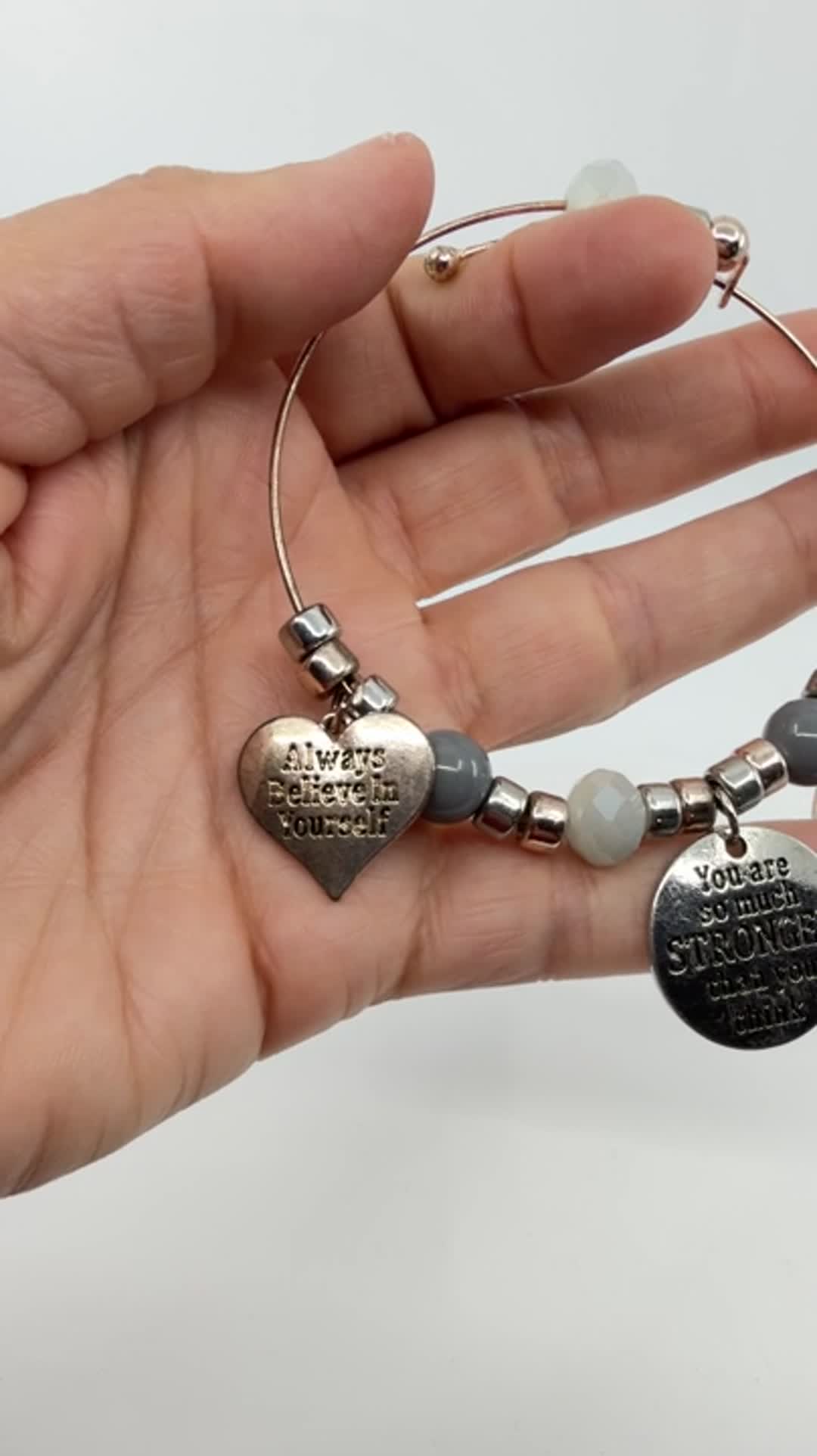 Inspirational Charm Bangle Bracelet Stronger Tougher Believe In Yourself Gift - Video 10