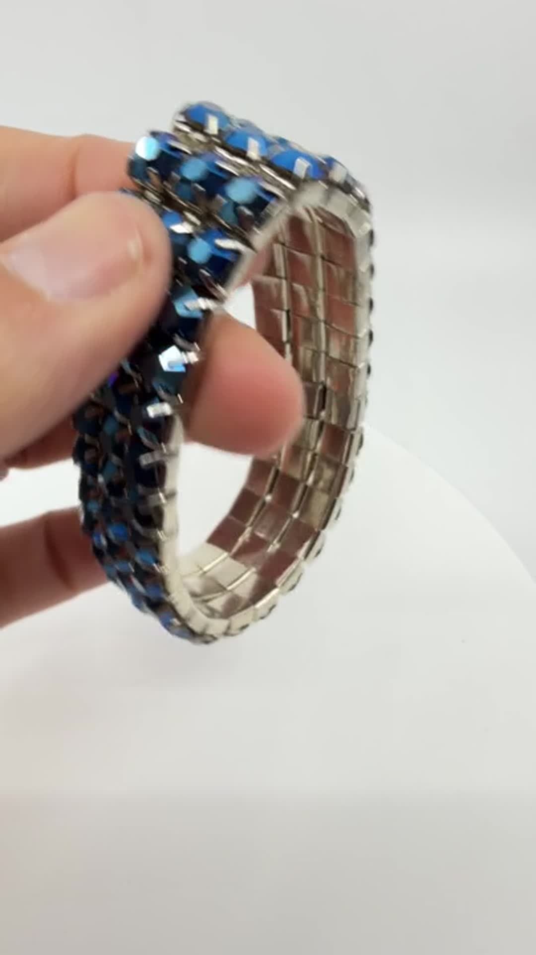 Gothic Blue Aurora Borealis Rhinestone Stretch Bracelet Chunky Statement Gift - Video 9