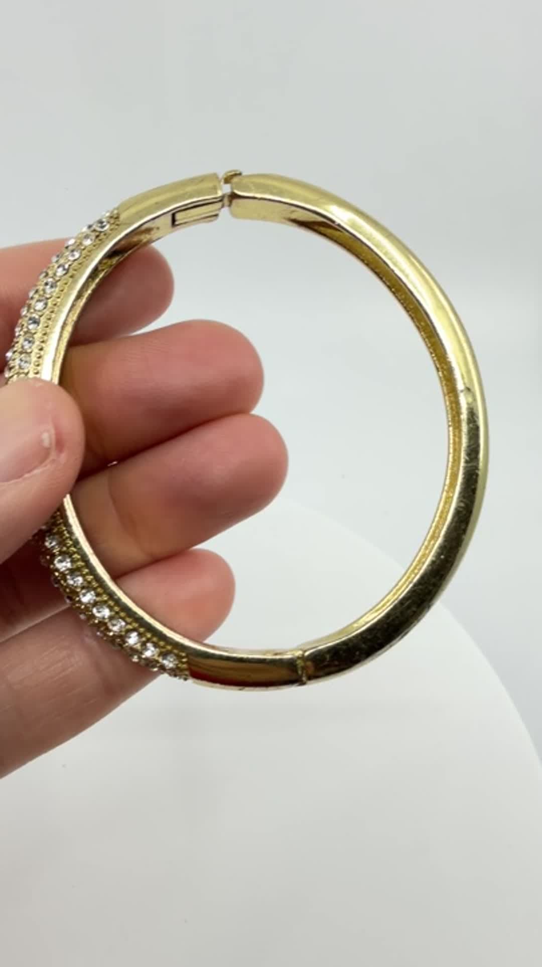 Chunky Gold Tone Rhinestone Pave Hinged Bangle Bracelet Crystal Statement Gift - Video 14