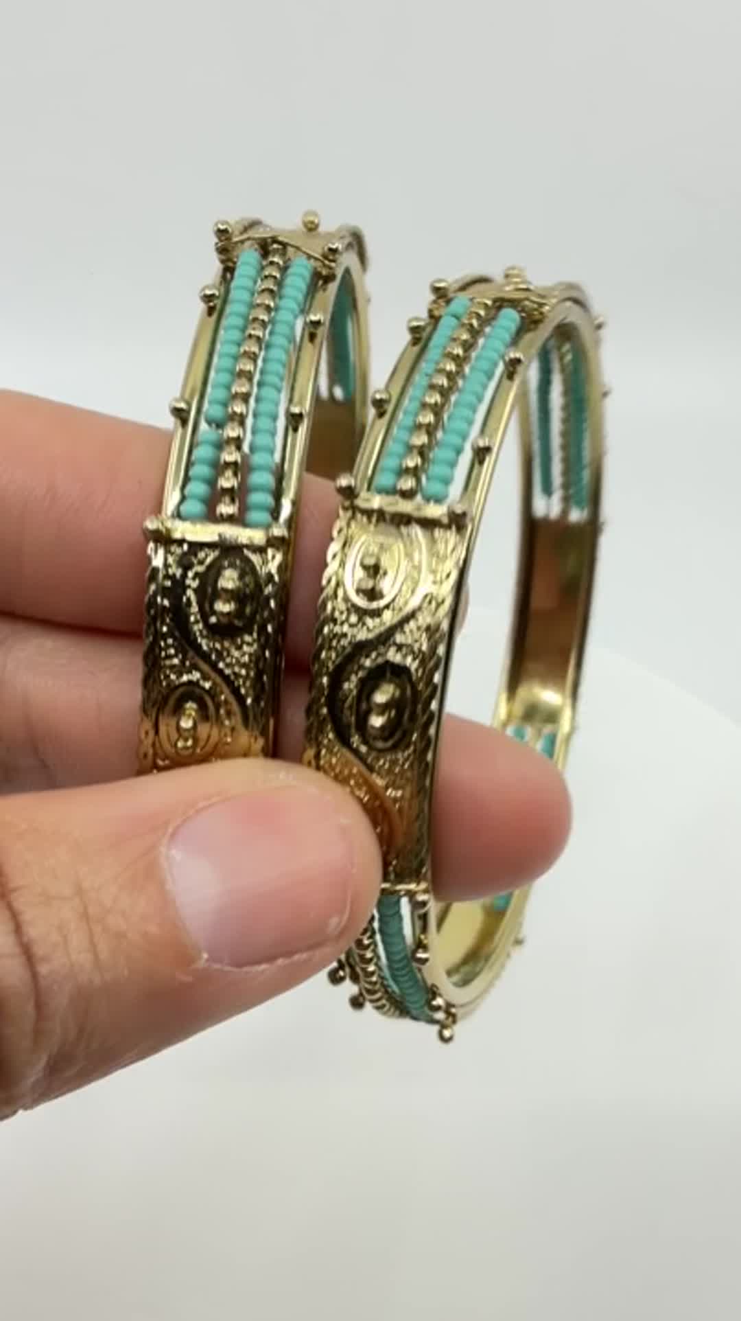 Ornate Gold Tone Filigree Bangle Bracelet Set with Teal Bead Detail Statement - Video 11