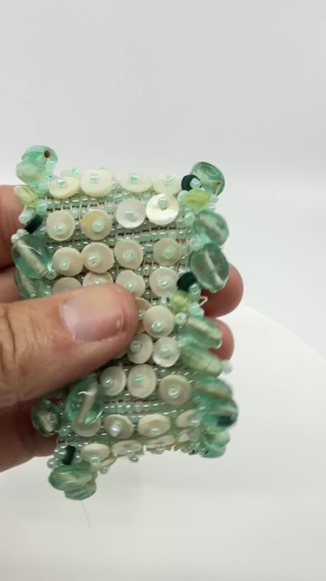 Wide Seafoam Green Beaded Cuff Bracelet with Shell Discs Statement Boho Style - Video 10