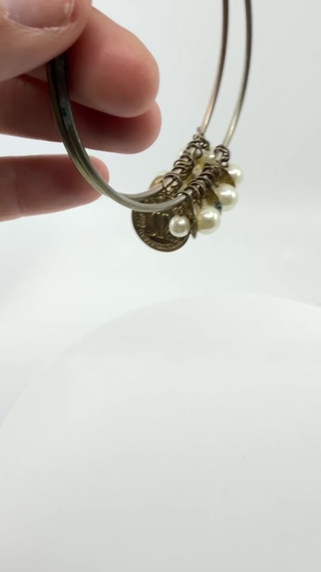 Vintage Inspired Coin and Pearl Charm Bracelet Boho Statement Layering Jewelry - Video 13