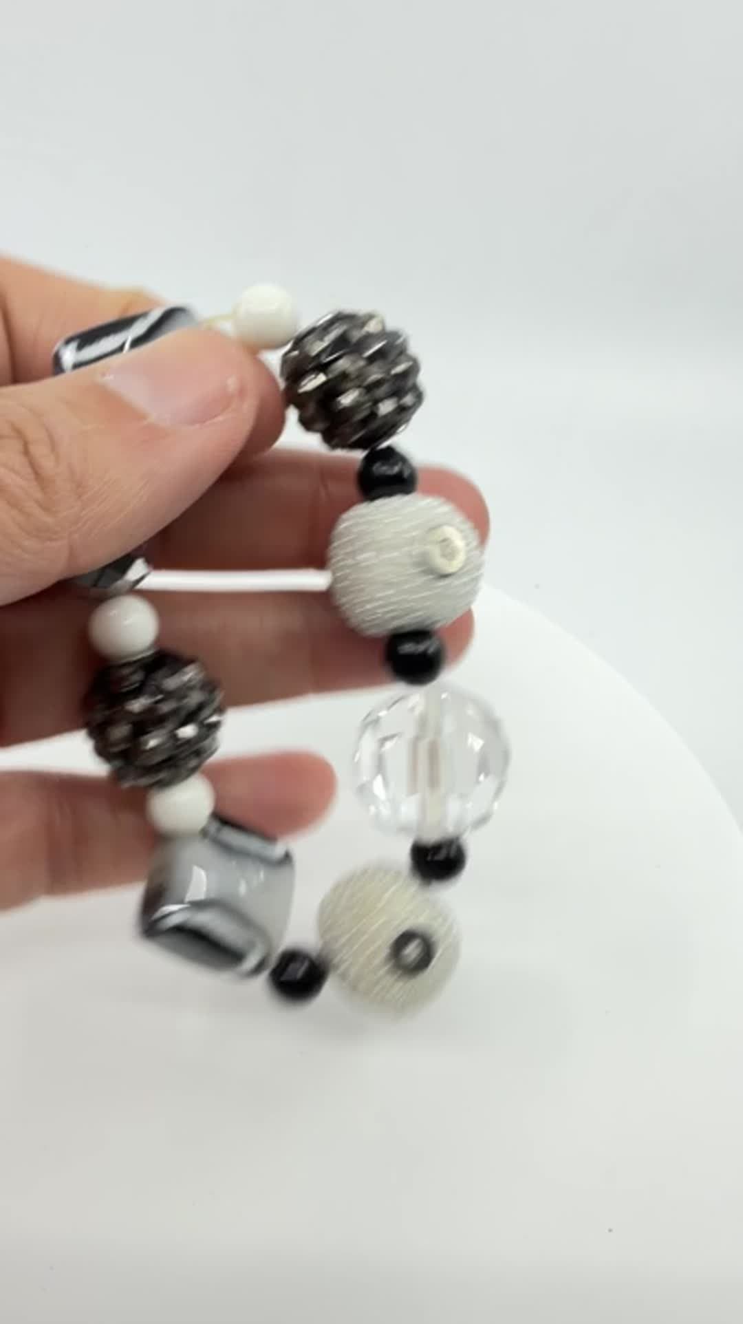 Monochrome Statement Stretch Bracelet Black White Crystal Boho Festival Jewelry - Video 10