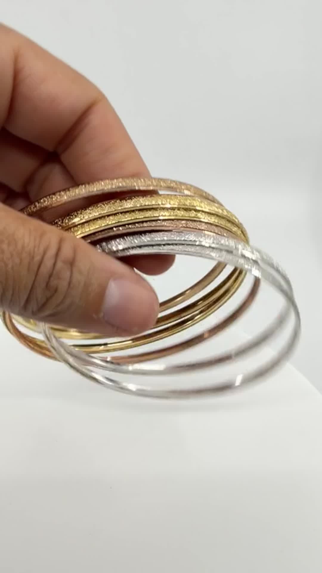 Tri-Color Glitter Textured Bangle Bracelet Set Stackable Gold & Silver Tone Gift - Video 11