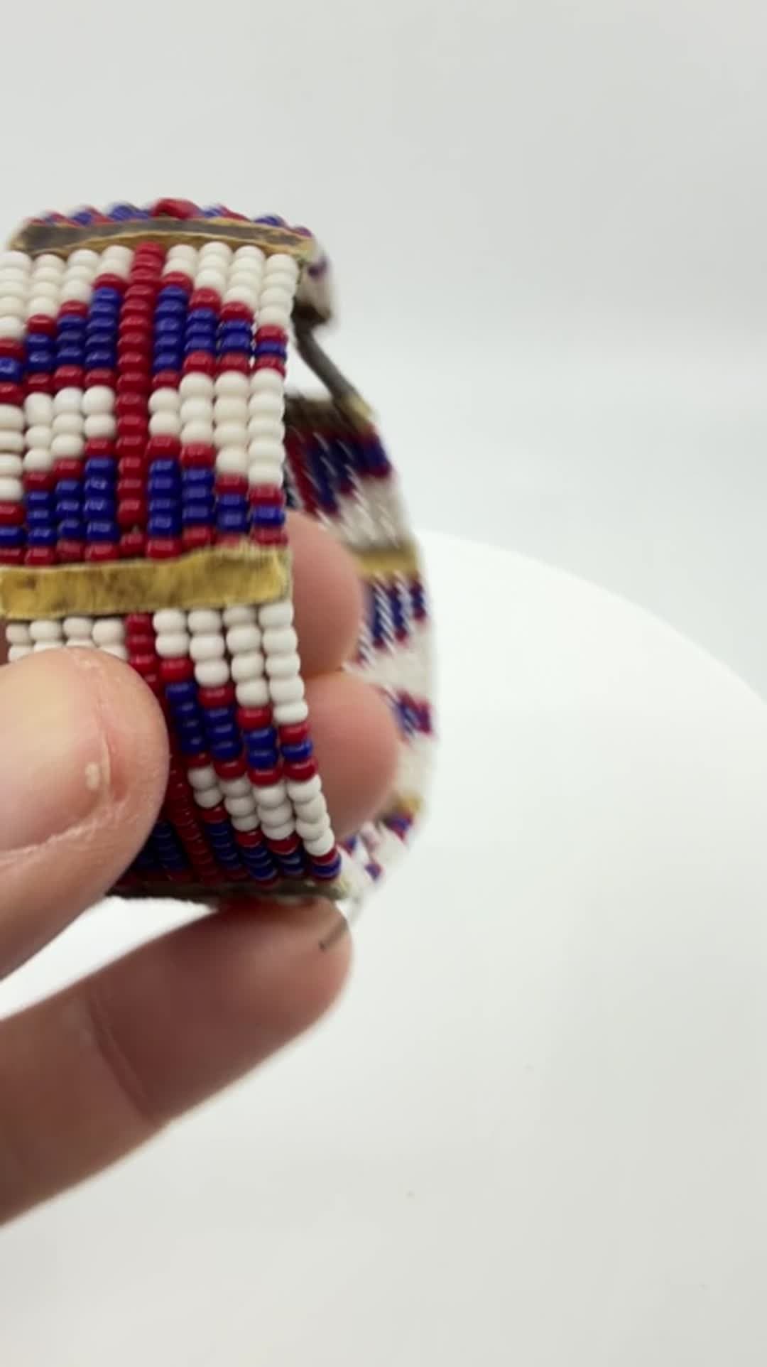 Handcrafted Native American Style Beaded Cuff Bracelet Red White Blue Geometric - Video 10