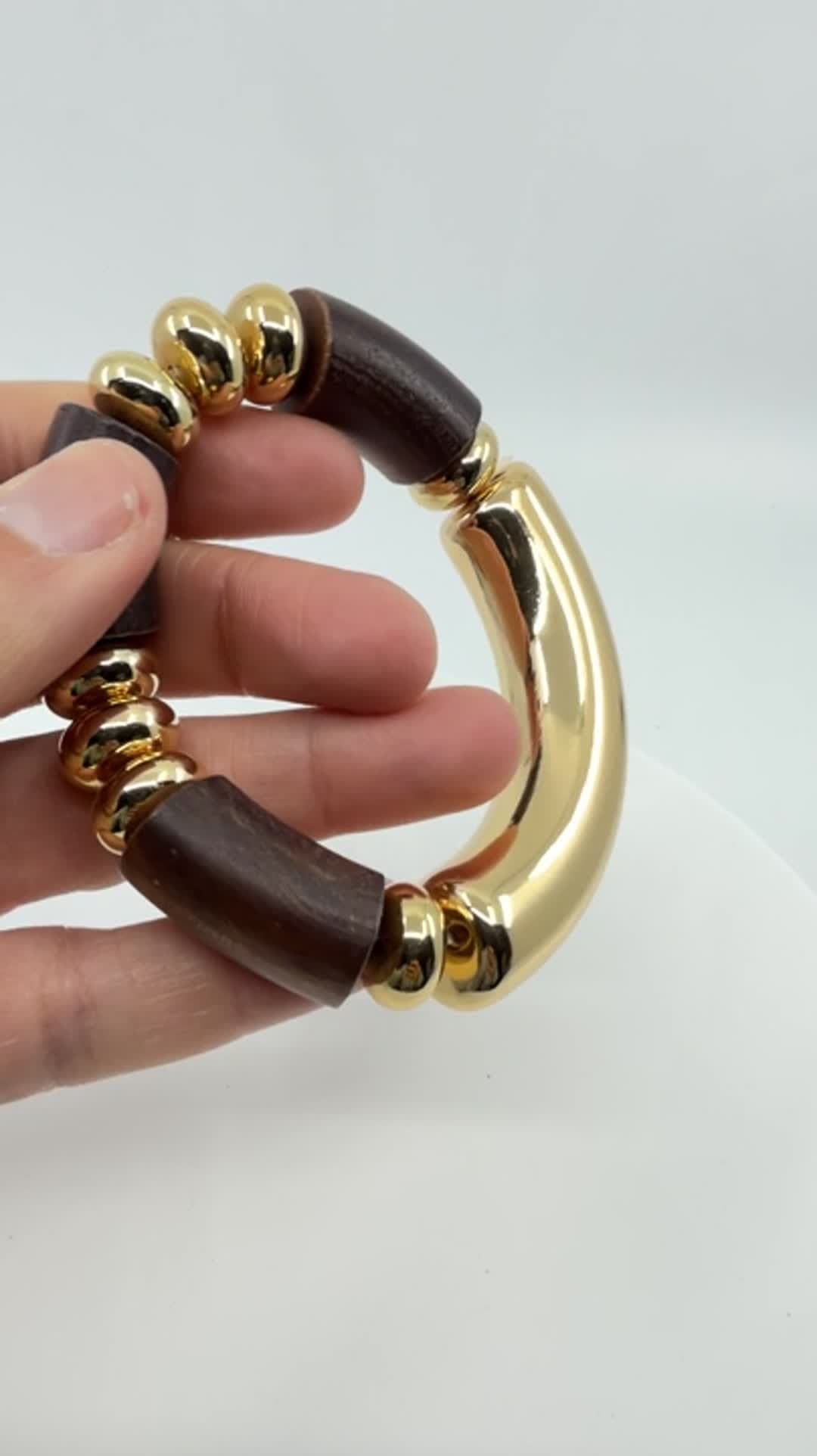 Bold Chunky Gold Tone and Dark Wood Bead Stretch Bracelet Statement Jewelry Gift - Video 10