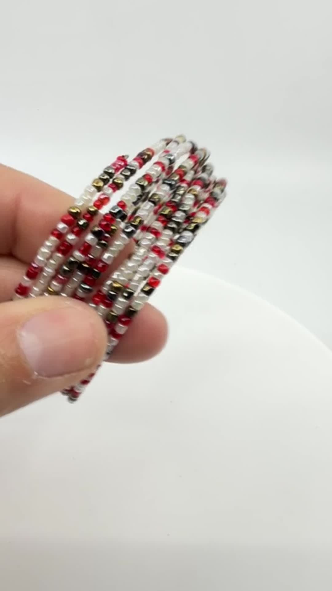 Multi-Strand Red White and Metallic Bead Wrap Bracelet Festival Boho Stack Style - Video 10