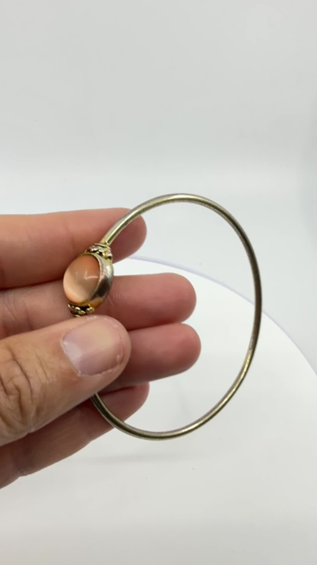 Delicate Peach Moonstone Bangle Gold Tone Minimalist Layering Boho Jewelry Gift - Video 11