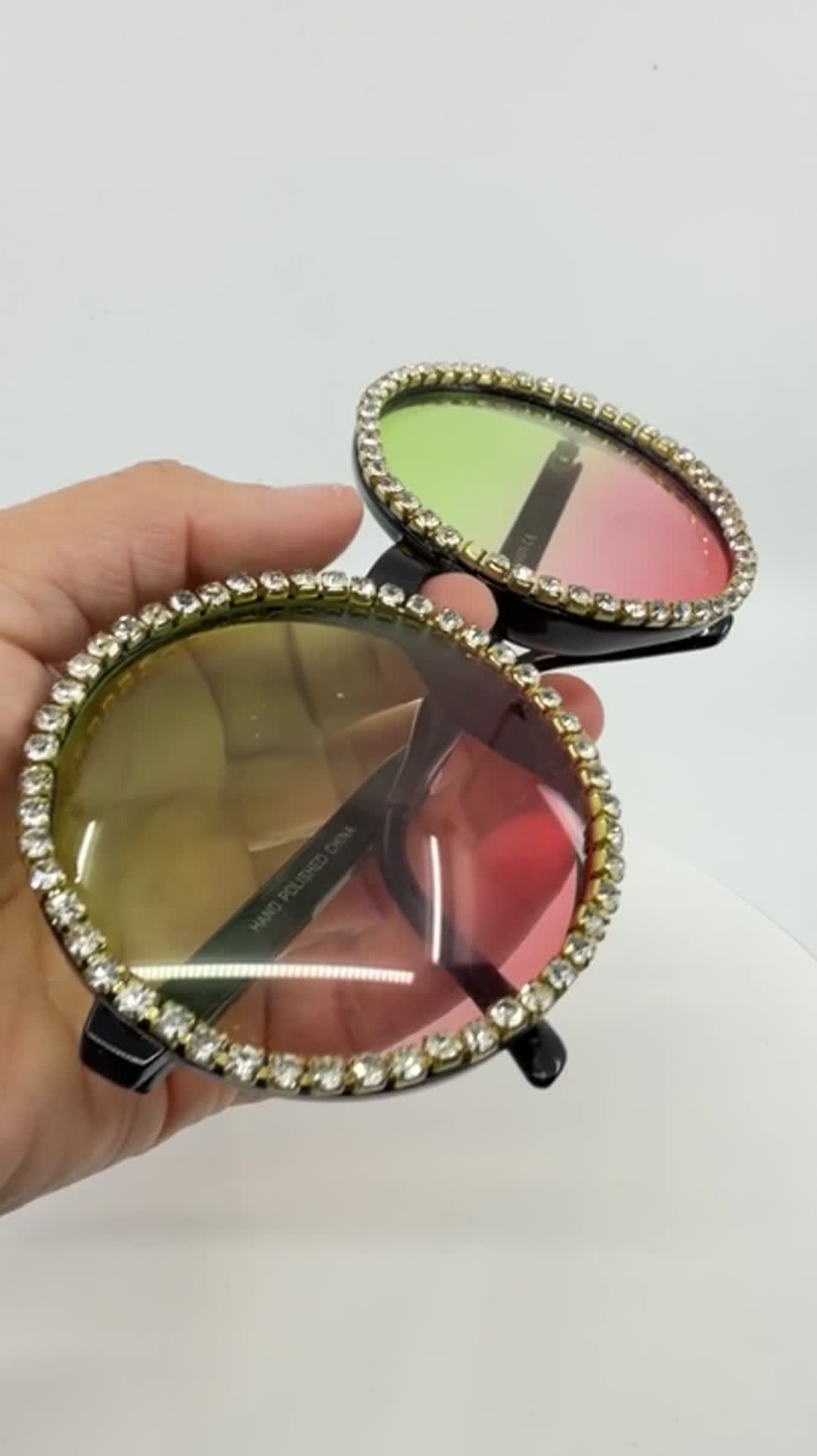 Oversized Round Rhinestone Sunglasses Y2K Boho Festival Ombre Tinted Eyewear - Video 11