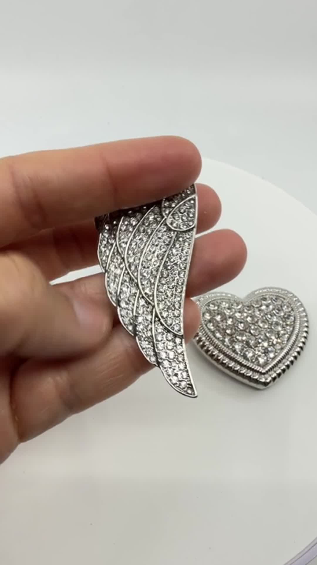 Silver Tone Crystal Angel Wing and Heart Magnetic Brooch Pin Set Glam Statement - Video 10