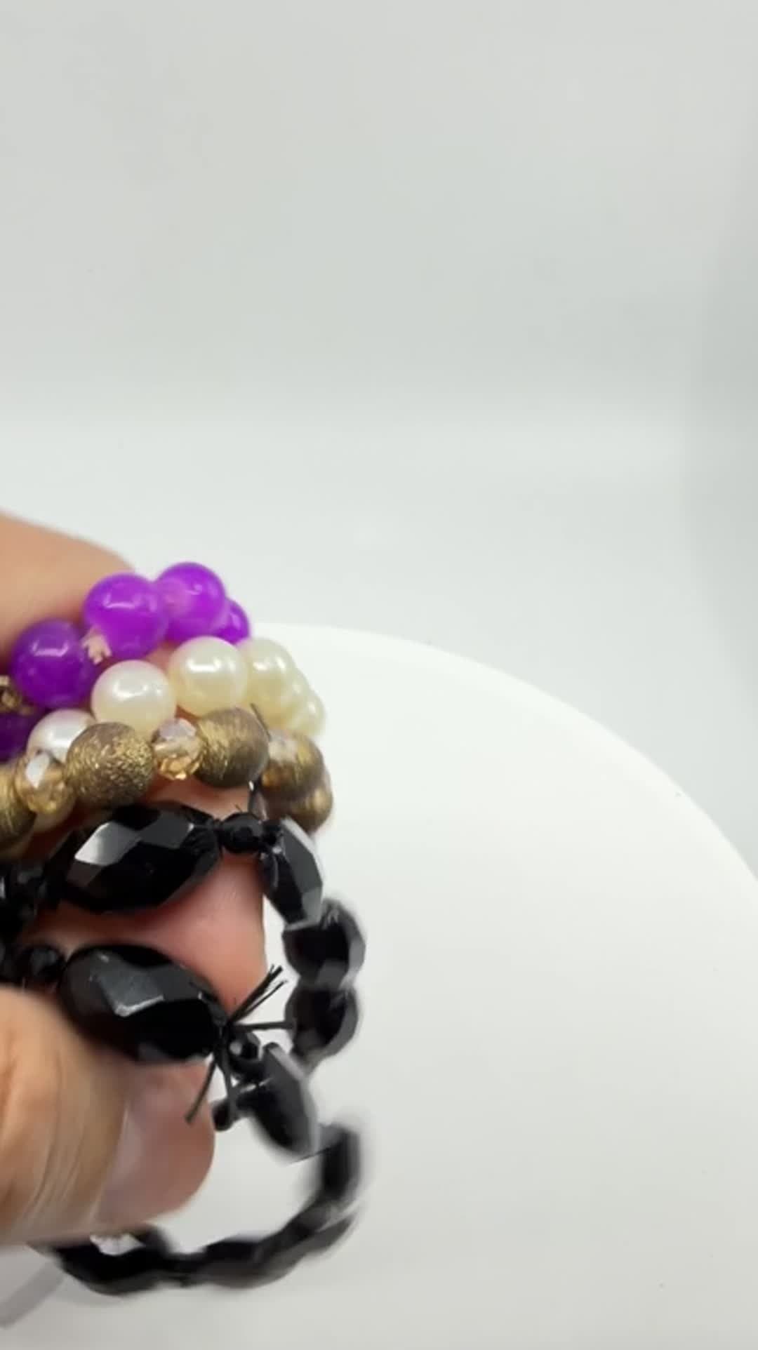 Stacking Bracelet Set Purple Black Faux Pearl Unicorn Charm Layering Boho Trendy - Video 10