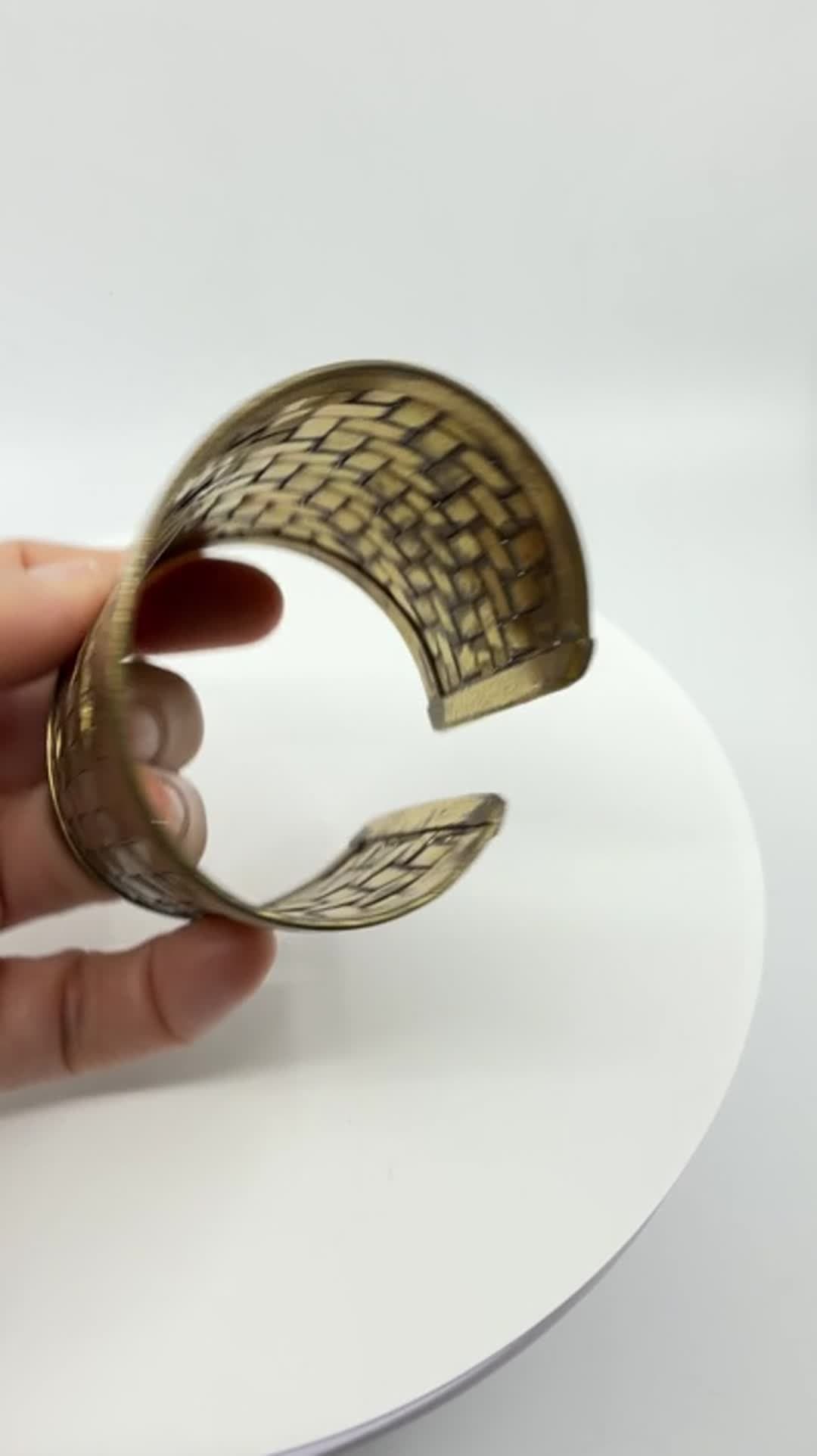 Wide Gold Tone Woven Metal Cuff Bracelet Statement Textured Boho Festival Style - Video 11