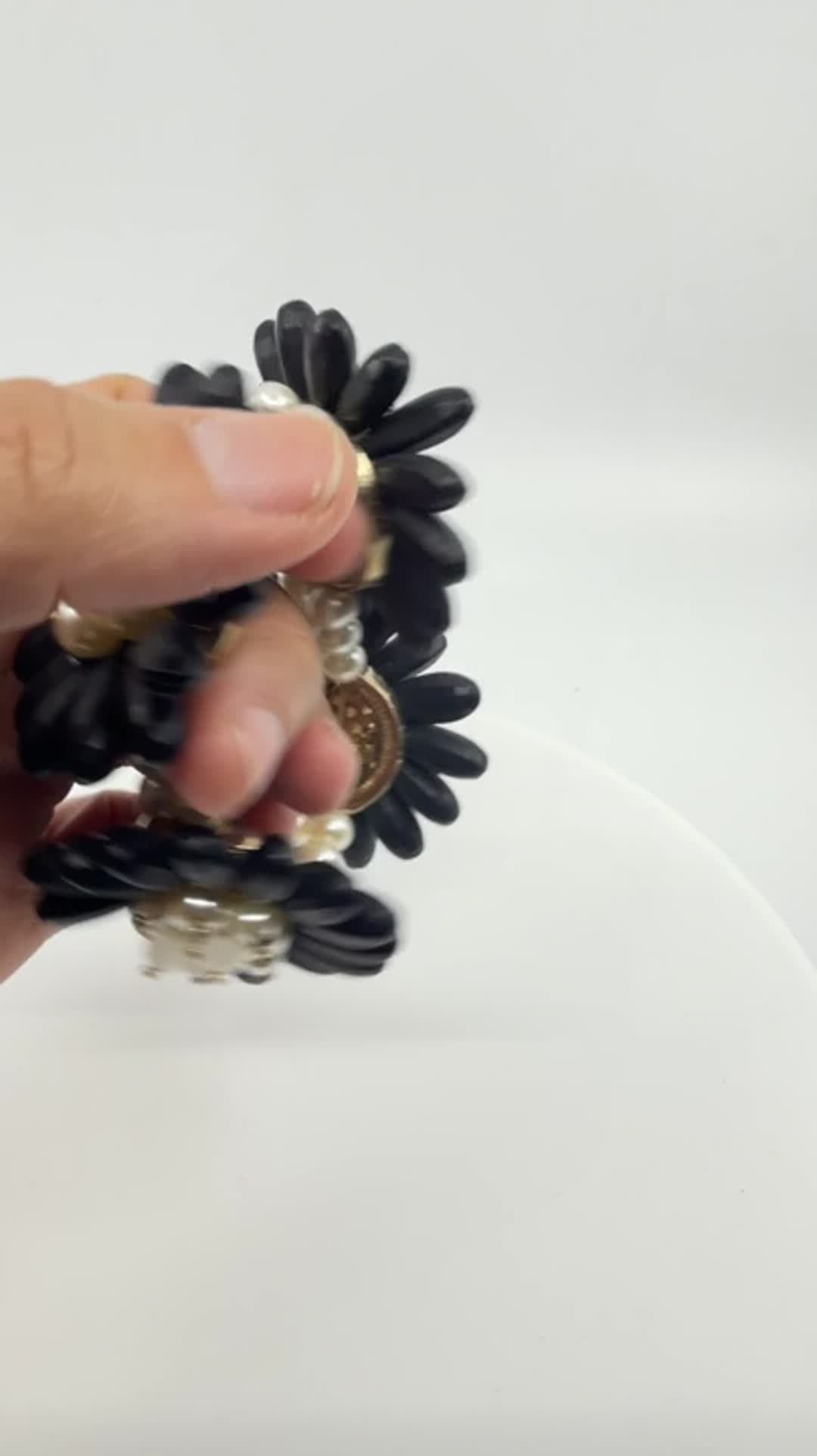 Black Flower Statement Bracelet Faux Pearl Beaded Chunky Floral Cuff Romantic - Video 12