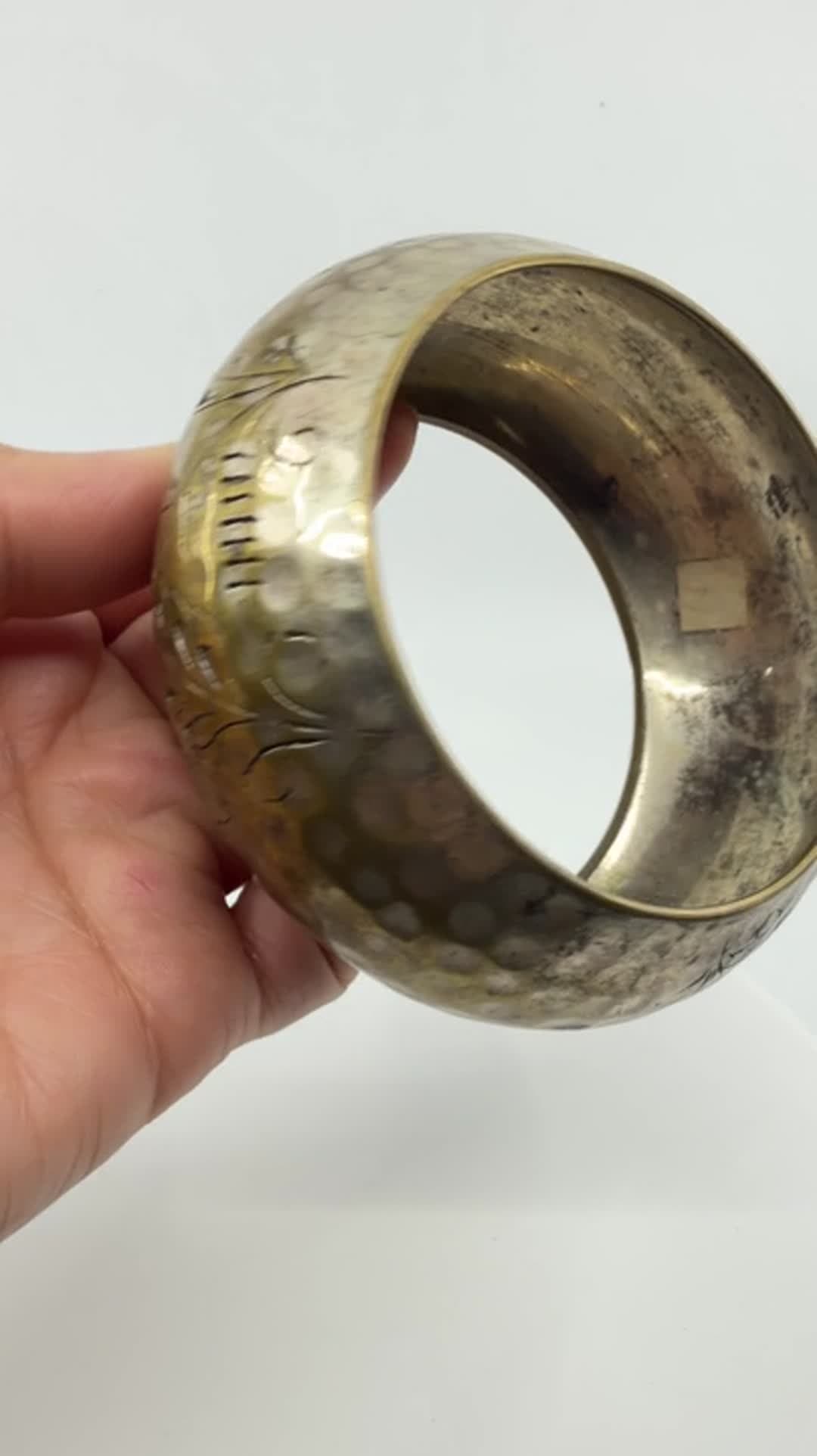 Chunky Etched Floral Cuff Bracelet Statement Metal Jewelry Unique Artisan Gift - Video 11