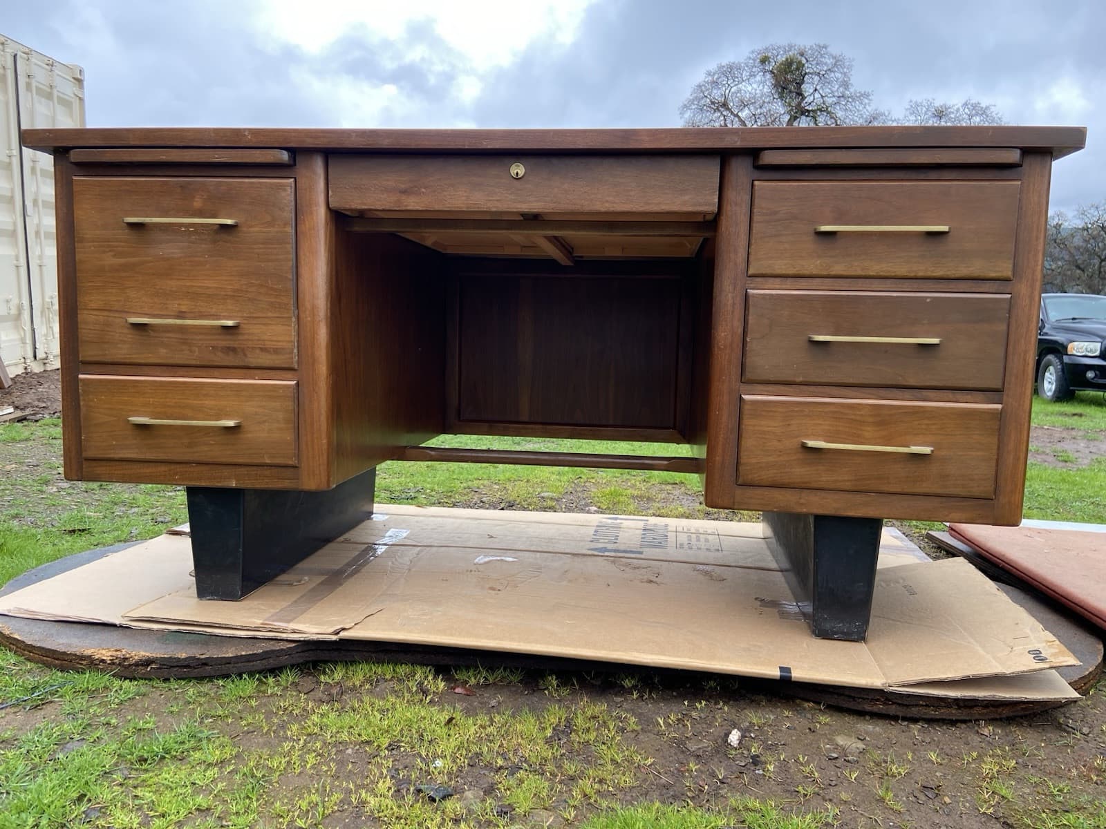 Vintage Mid Century Modern Wooden Tanker Desk - Thumbnail 3