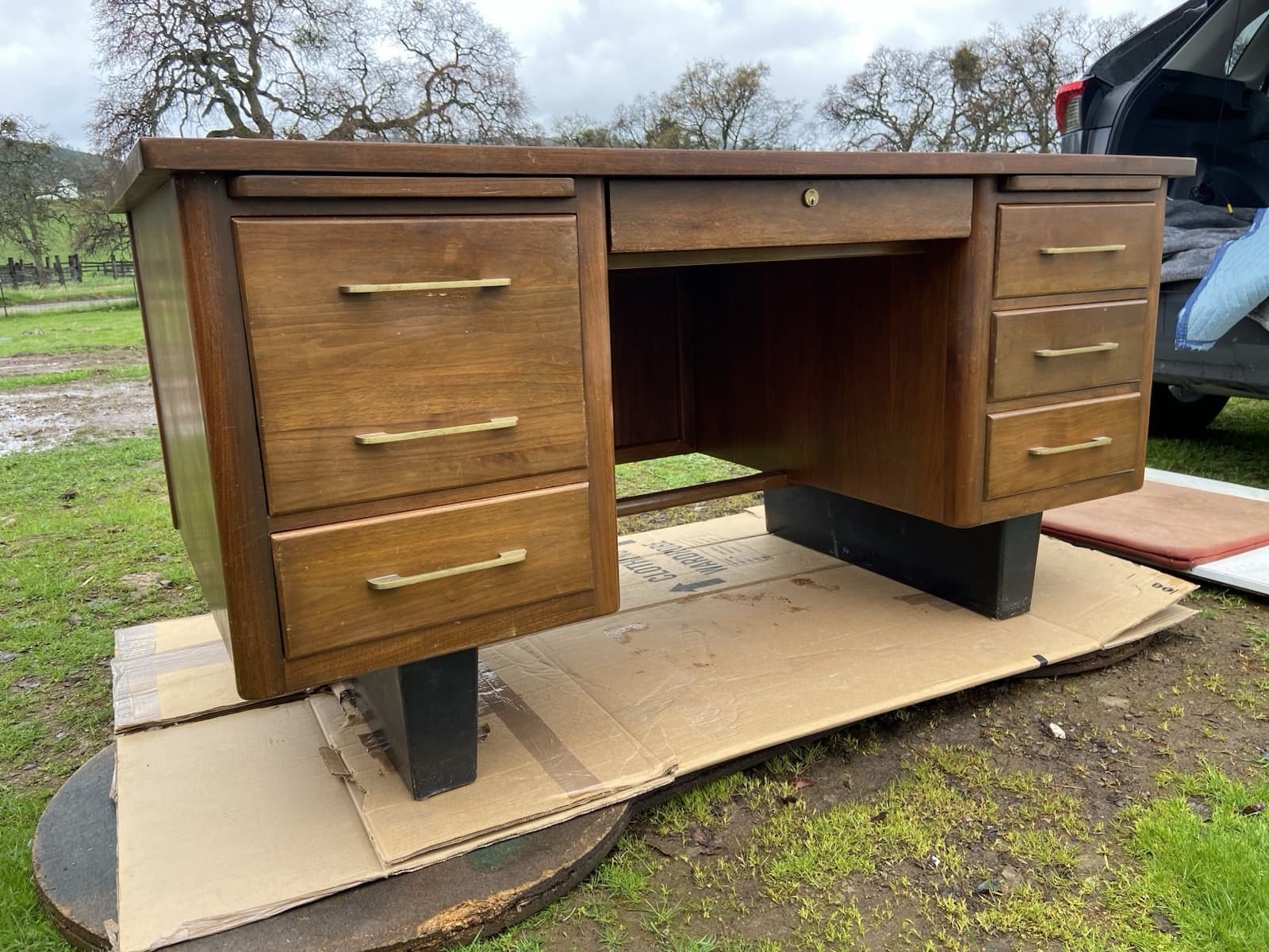 Vintage Mid Century Modern Wooden Tanker Desk - Thumbnail 4