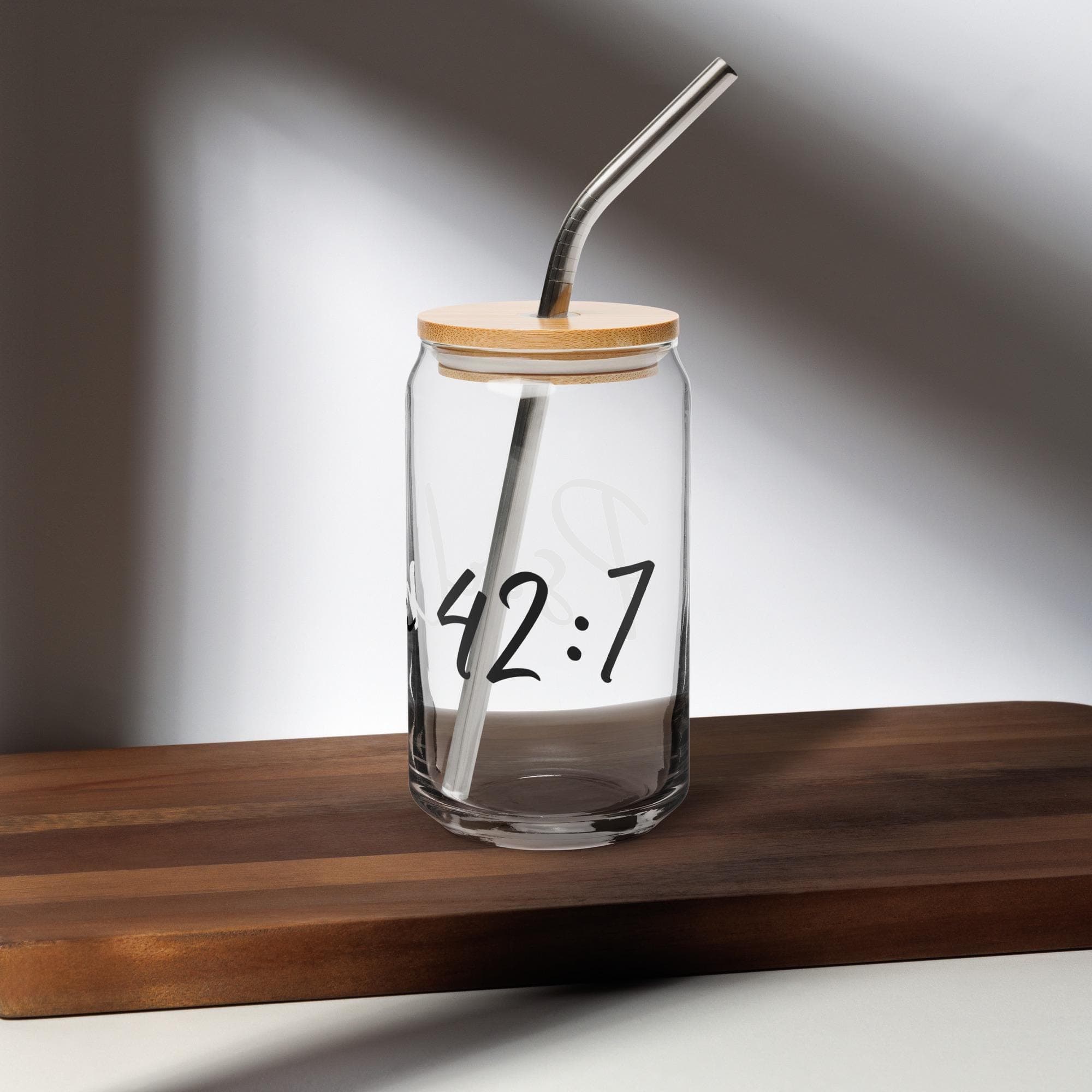 16 oz Can-Shaped Glass Cup with Wooden Lid & Reusable Metal Straw – Psalm 42:7 - Thumbnail 3